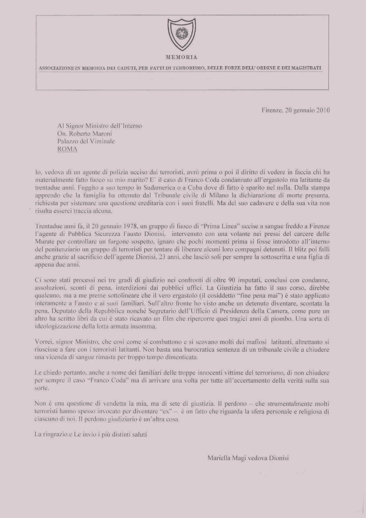 lettera dionisi al ministro maroni 20 gennaio 2010